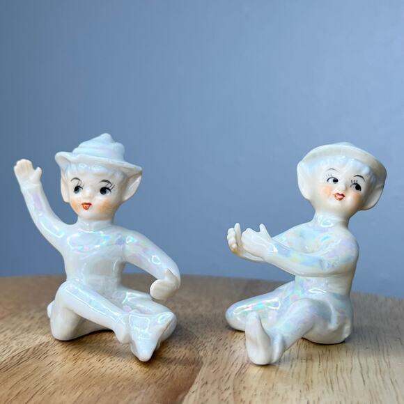 Vintage LEFTON Iridescent Lusterware Porcelain Elf Pixie Candle Hugger Set of 2 - Picture 1 of 10